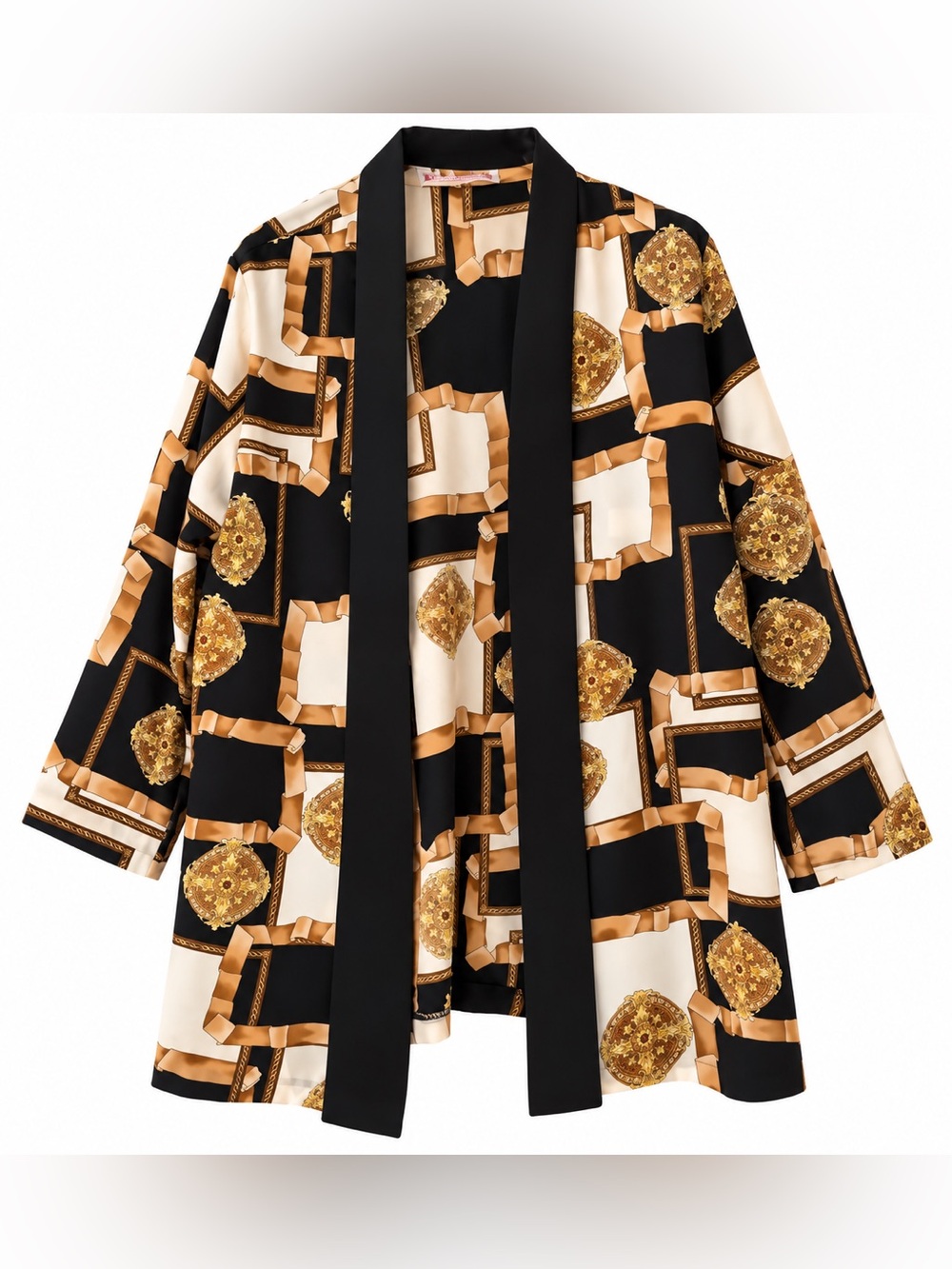 Versace Style Black & Gold Geometric Open-Front Blazer Jacket vintage